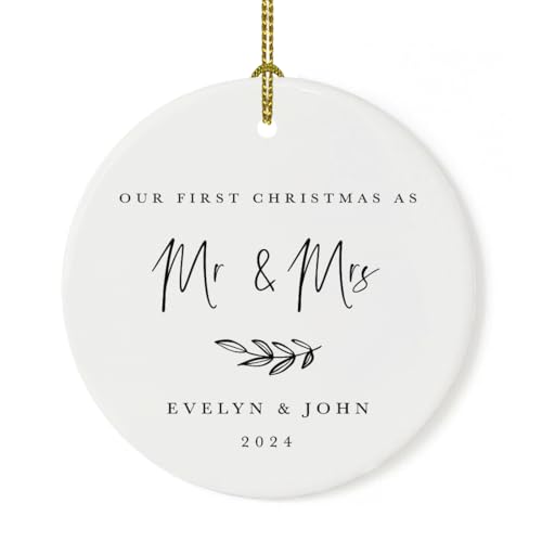 Personalized Wedding Round Ceramic Porcelain Christmas Tree Ornament Engagement Keepsake Collectible Gift Our First Christmas as Mr. & Mrs