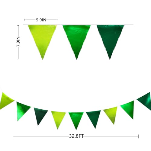 Gradient Green Party Decorations Metallic Fabric Ombre Green Triangle Pennant Banner Flag Bunting for Graduation Birthday Retirement Wedding Bachelorette Spring Summer St Patrick's Day Party Supplies (36 Count)