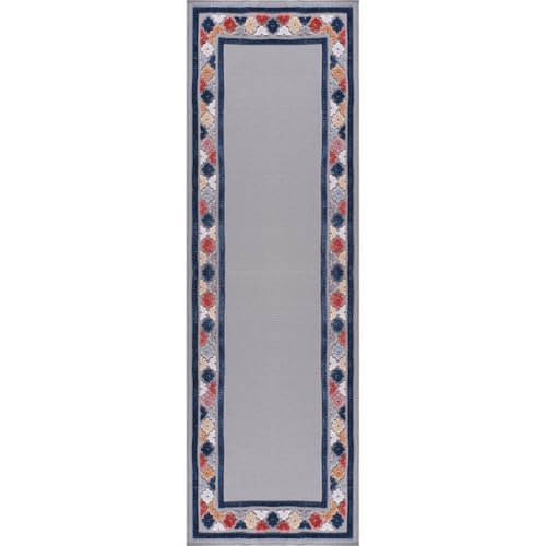 Outdoor Runner Rug 2x7 Modern Floral Bordered Area Rugs for Indoor and Outdoor Patio Easy to Clean Non Shedding Living Room Porch Garden Washable Outside Carpet (14 Sq Ft)