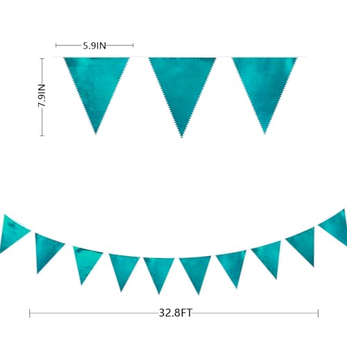 Teal Aqua Blue Triangle Pennant Banner Turquoise Metallic Fabric Flag Bunting Garland for Birthday Bridal Shower Graduation Wedding Holiday Retirement Under The Sea Mermaid Party Decorations Supplies