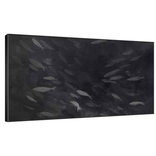 36"x60" Extra Large Framed Wall Art Monochrome Fish Silhouettes Illustration for Home Living Room Bedroom Decor
