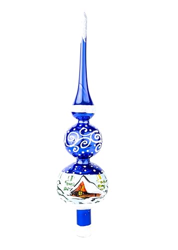 12 Inch Blue Gloss Spitz Glass Christmas Tree Topper Mouth Blown by Polish Artisans and Hand Decorated with Gold and Silver Embellishments Made in Poland