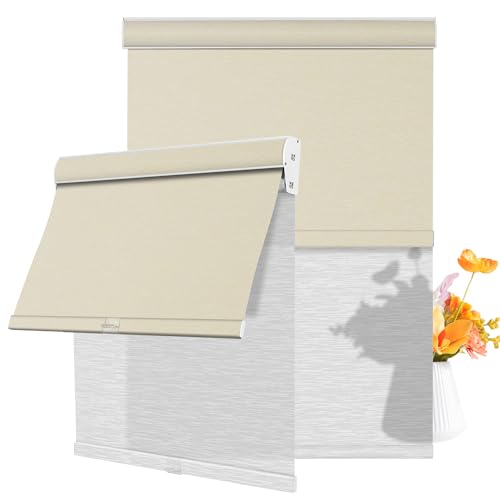 Cordless Dual Roller Shades.Beige and White.48 W x 64" H