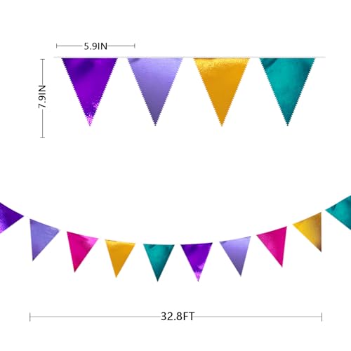 Colorful Party Decorations Hot Pink Teal Purple Metallic Fabric Triangle Pennant Banner Flag Bunting for Fiesta Carnival Rainbow Multi (35 Count)
