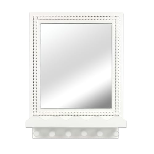 16x12 Inch Wall Mount Beaded Wood Framed Mirror with Shelf and 6 Hooks