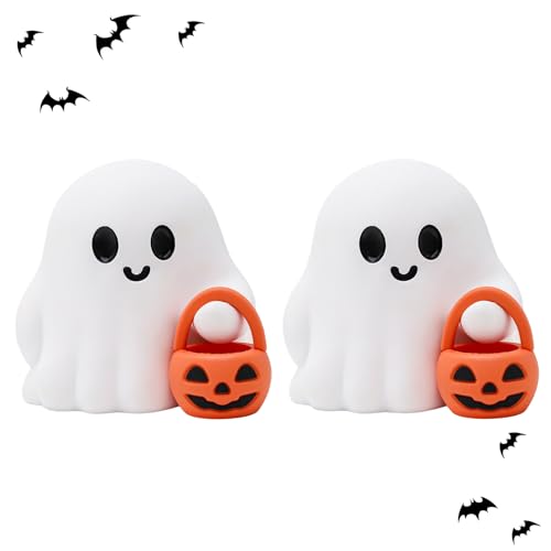 2 Pcs Halloween Ghost Figurine Cartoon Cute Spooky Carrying Pumpkin Basket Desk Display Ornament Tiny Trick or Treat Ghost Resin Halloween Statue for Home and Office Tabletop Decor Supplies (2 Count)