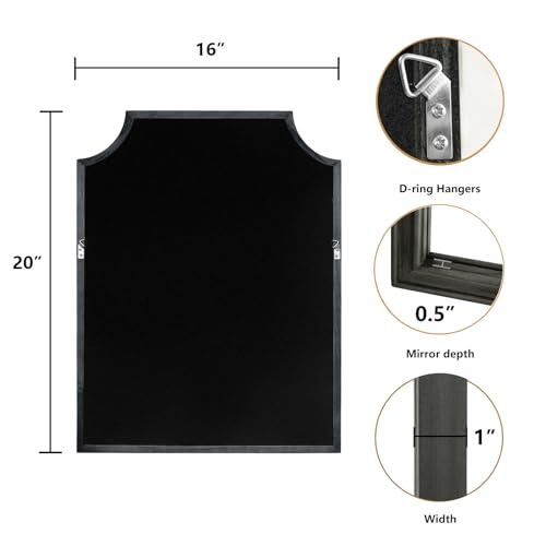 Scalloped Wood Mirror for Wall Decor 16x20 Inch Black Small Bathroom Vanity Rectangle Mirror for Hallway Bedroom Living Room