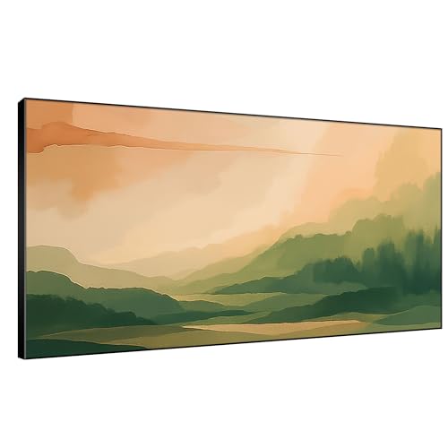36"x72" Extra Large Framed Wall Art Serene Green Mountains Horizon Landscape Illustration for Home Living Room Bedroom Decor