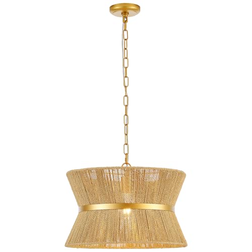 18” Hand Woven Rattan Boho Chandelier Brass Ajustable Pendant Light for Kitchen Island Living Room Bedroom Hallway