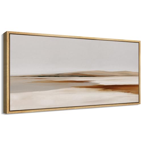 Extra Large Framed Canvas Print Wall Art Neutral Earth Tone Desert Landscape Minimalist Terracotta and Grey Long Retro Fine Art Illustrations Decorative Colorful for Bedroom