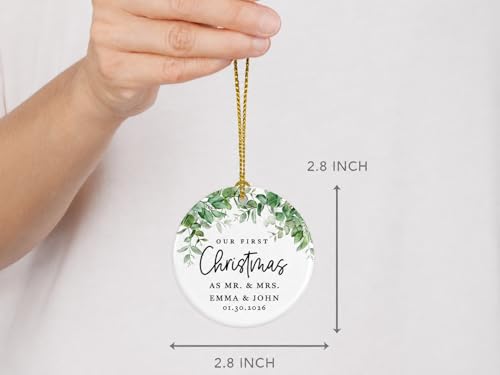 Personalized Our First Christmas As Mr. & Mrs. 2026 Christmas Ornaments Greenery 2.8" Round Porcelain Ceramic 1st Year Married Custom Ornament Keepsake for Newlyweds 1
