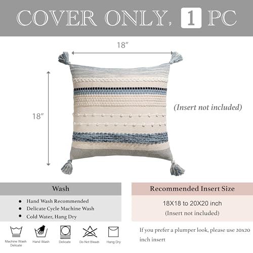 Coastal Blue Boho Decorative Throw Pillow Cover 18x18 Modern Bohemian Accent Pillow Case Square Woven Textured Farmhouse Pillows for Couch Bed