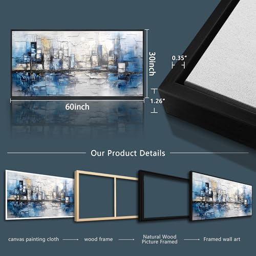 Black Framed Canvas Wall Art For Living Room Large Wall Decor For Office Bedroom Decorations Blue Landscape Pictures Abstraction Paintings Artwork Aesthetic Mural Home Decor 30x60 In