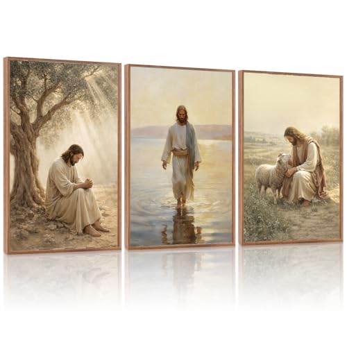 KAlRNE Jesus sheep Large Wall Art Christian Framed Print Set (3 Count)
