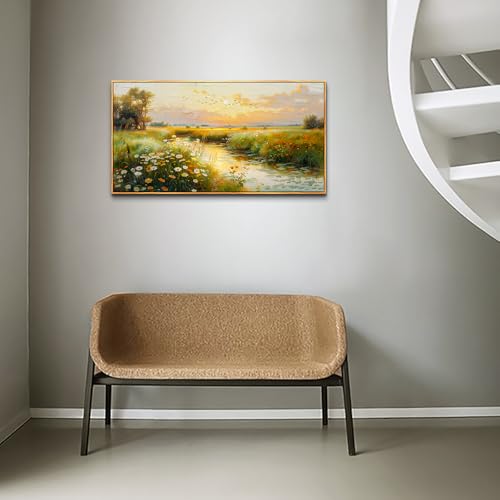 Wood Framed Canvas Wall Art For Living Room Wall Decor For Bedroom Office Wall Decoration Pastoral Scenery Painting Water edge Pictures Artwork Room Aesthetic Home Decor 20x40 In