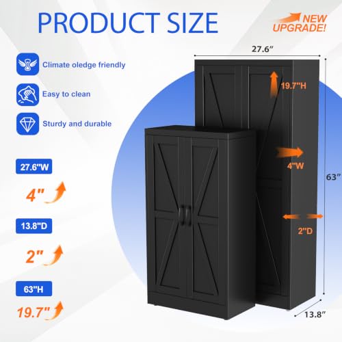 63" Tall Metal Storage Cabinet Black Cupboard Kitchen Pantry Cabinet