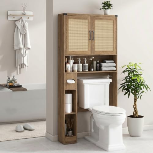 Over The Toilet Storage Cabinet with 2 Rattan Barn Doors