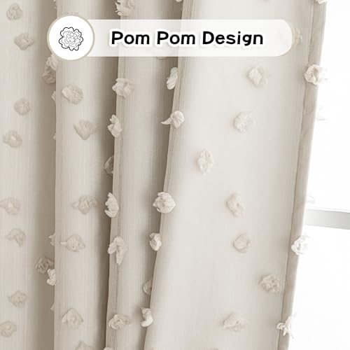 100% Blackout Curtains for Girls Bedroom 95 Inch Long Total Room Darkening Curtain for Living Room 2 Panels Grommet Light Blocking Sliding Door Drapes Beige Pom Pom Sheer 50 x 95 Inch (2 Count)