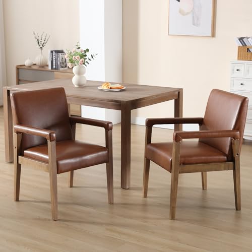Modern Dining Chairs Set of 4 Faux Leather Kitchen Arm Chairs Upholstered Accent Chairs with Wooden Legs for Dining Room