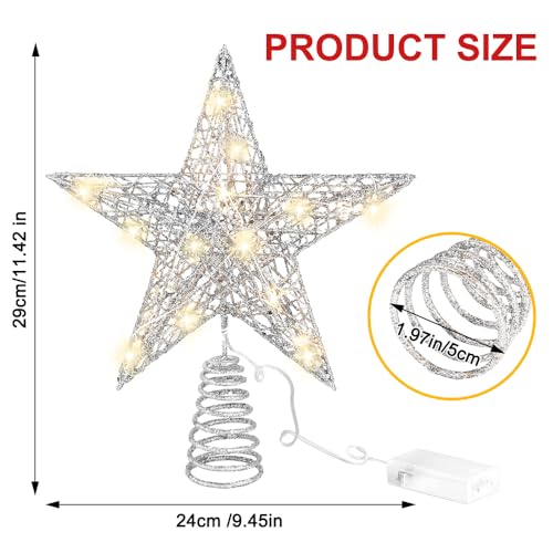 11.8’’ Silvery Christmas Tree Topper Star Treetop with 20 LED