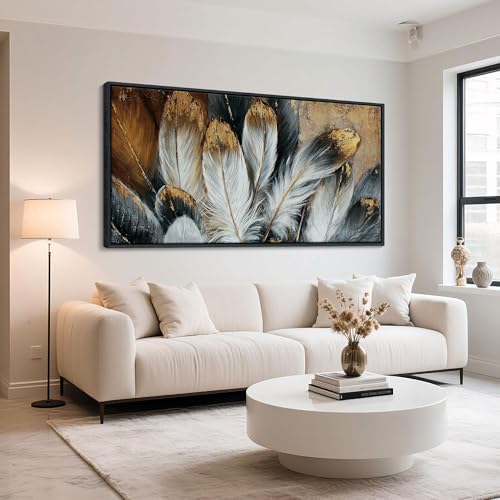 Framed Wall Art Modern Living Room Bedroom Wall Decoration Large Canvas Painting Artwork for Home Decor Gold Brown Feather Picture Ready to Hang 30x60 Size Black Framed