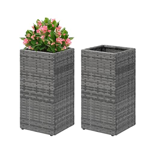 Set of 2 Tall Planters for Outdoor Plants Handmade 24'' Wicker Tall Square Planter Box with Removable Liners Modern Planter for Indoor Outdoor Garden Patio Front Porch (2 Count)