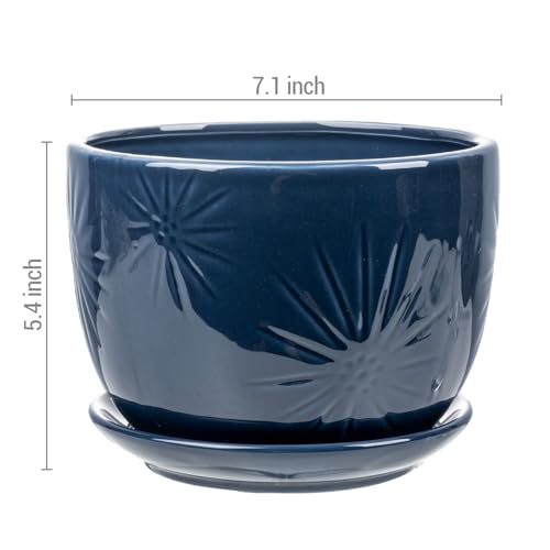 7 Inch Round Blue Ceramic Plant Pot with Drainage Hole and Attached Saucer