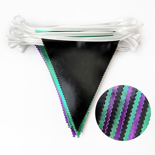 Black Purple Green Party Decorations Metallic Fabric Triangle Pennant Banner Flag Bunting for Boys Men Birthday Graduations Wedding Bachelorette Retirement Video Game Level Up Theme Party Supplies (36 Count)