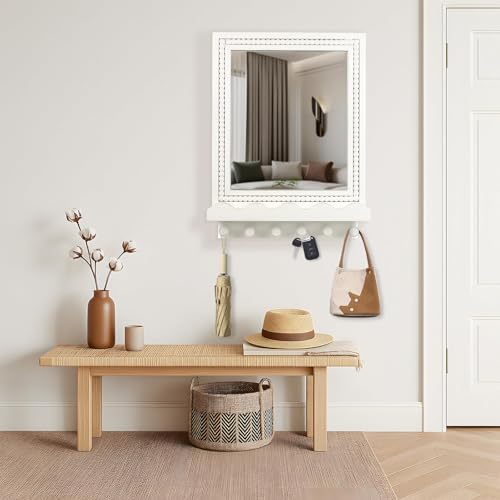 16x12 Inch Wall Mount Beaded Wood Framed Mirror with Shelf and 6 Hooks