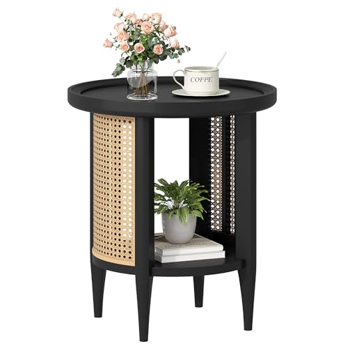 Round End Table Rattan Style Side Table with Solid Wood Legs