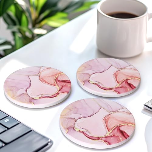 6 Pcs Pink Marble Abstract Ceramic Coasters with Holder for Coffee Table (6 Count)