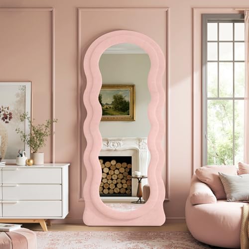 Full Length Mirror 71"x30" Irregular Wavy Full Body Wall Mounted Floor Mirror with Stand Pink Flannel Frame Leaning Hanging Wall for Bedroom Entrance Hallway