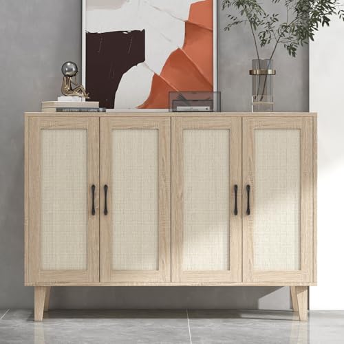 Buffet Storage Cabinet with Rattan Decorating 4 Doors Living Room Kitchen Sideboard 48.43 x 34.65 x 15 inch