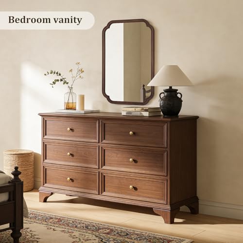 Wood Bathroom Mirror for Wall Mounted with Rounded Corner Wood Frame for Entryway