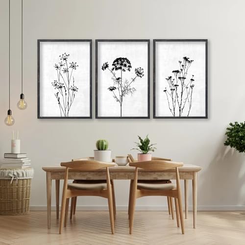 Flower Plant Wall Art Decor 24"x16" Set of 3 Black And White (3 Count)