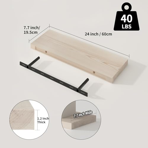 Floating Shelves 8 Inch Deep Solid Wood Wide Wall Shelf Set of 2 Wall Mounted for Bedroom Bathroom Living Room Kitchen (2 Count)