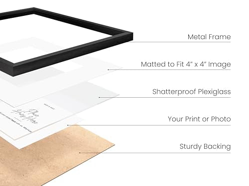8x8 Black Metal Picture Frames Matted to 4x4 (4 Count)