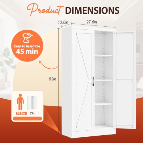 63" White Metal Storage Pantry Cabinet
