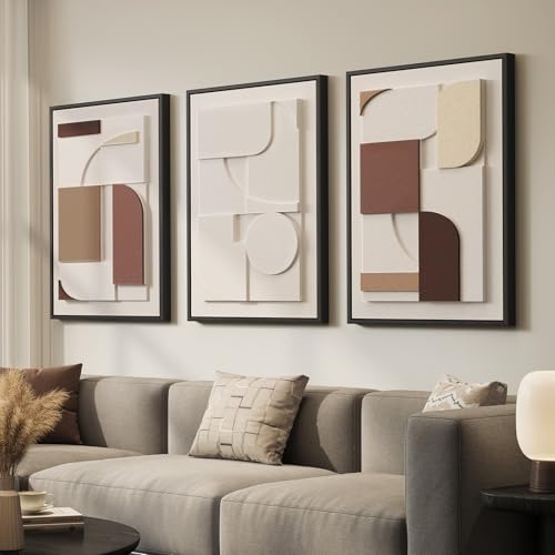 Large 3D Textured Neutral Abstract Framed Wall Art for Living Room