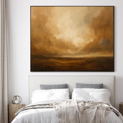 60"x72" Extra Large Framed Wall Art Golden Horizon Abstract Landscape Warm Brown and Amber Sky Illustration for Home Living Room Bedroom Decor