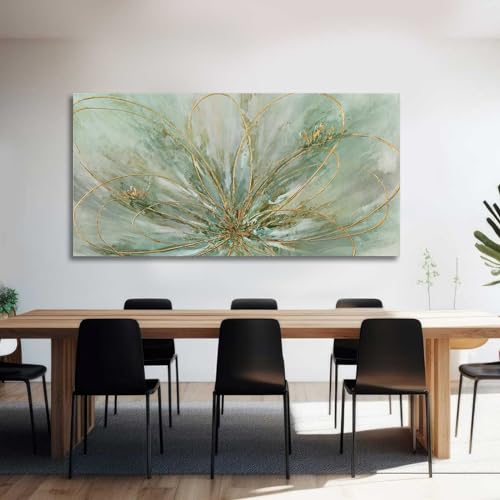 Abstract Wall Art Green and Gold Hand Painted Oil Painting Blossom Botanical Large Picture for Living Room Bedroom Kitchen Office 30x60 Inch