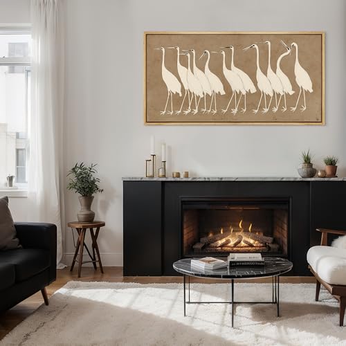 Extra Large Framed Canvas Print Wall Art Minimalist White Cranes on Beige Background Antique Retro Fine Art Illustrations Decorative Colorful for Bedroom