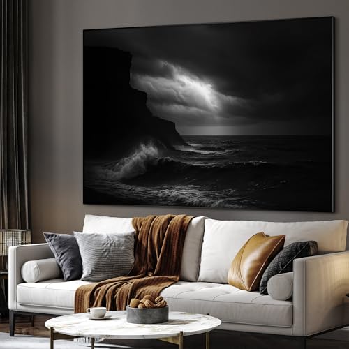 60"x72" Extra Large Framed Wall Art Dramatic Black and White Ocean Waves with Cliff and Stormy Sky for Home Living Room Bedroom Decor