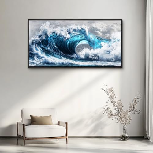 Large Canvas Wall Art For Living Room Wall Decor For Bedroom Ocean Inspiration Wall Pictures Office Mural Decorations Posters Blue Wave Paintings Modern Home Decor Black Framed 24x48 In