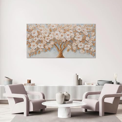 Large Canvas Wall Art Decor Modern White Flower Botanical Nature Wall Art Decor Gold Tree of Life Canvas Art Wall Decor For Living Room Wall Decor Floral Tree Artwork For Bedroom Home Office 24"×48"