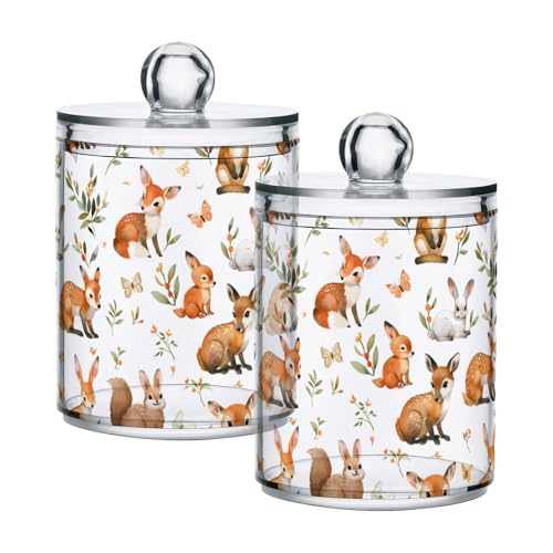 2 Pack Qtip Holder Organizer Dispenser Watercolor Woodland Animals Bathroom Storage Canister Cotton Ball Holder Container for Cotton Pads (2 Count)