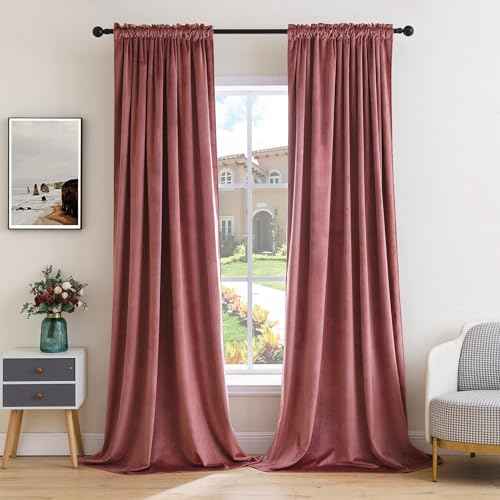 Dusty Rose Pink Velvet Room Darkening Curtains for Bedroom W52 x L94 (2 Count)