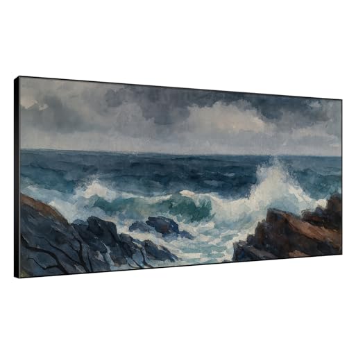 36"x72" Extra Large Framed Wall Art Rocky Seashore with Crashing Waves and Moody Sky for Home Living Room Bedroom Decor
