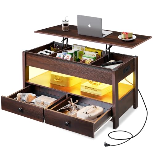 Lift Top Coffee Table with LED and 2 Drawers