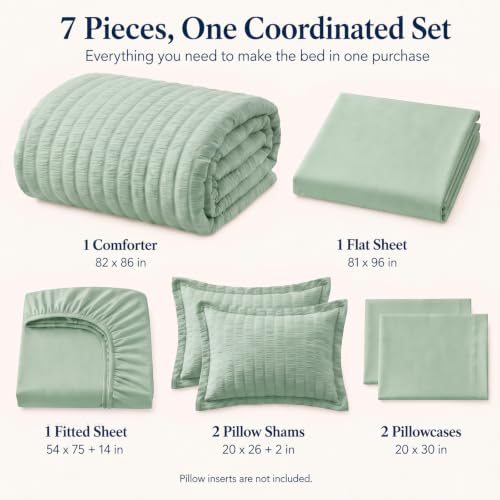 Full Size Comforter Set 7 Pieces Sage Green Seersucker Bed in a Bag
